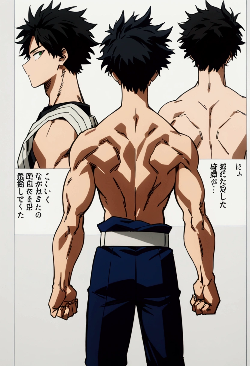 Caracter sheet, he is a 17 year old teenager, He has slightly disheveled very black hair..., somewhat light green eyes, muscular body , He is dressed the anime uniform "my hero academia", back view of the body, detailed back, many parts, depth