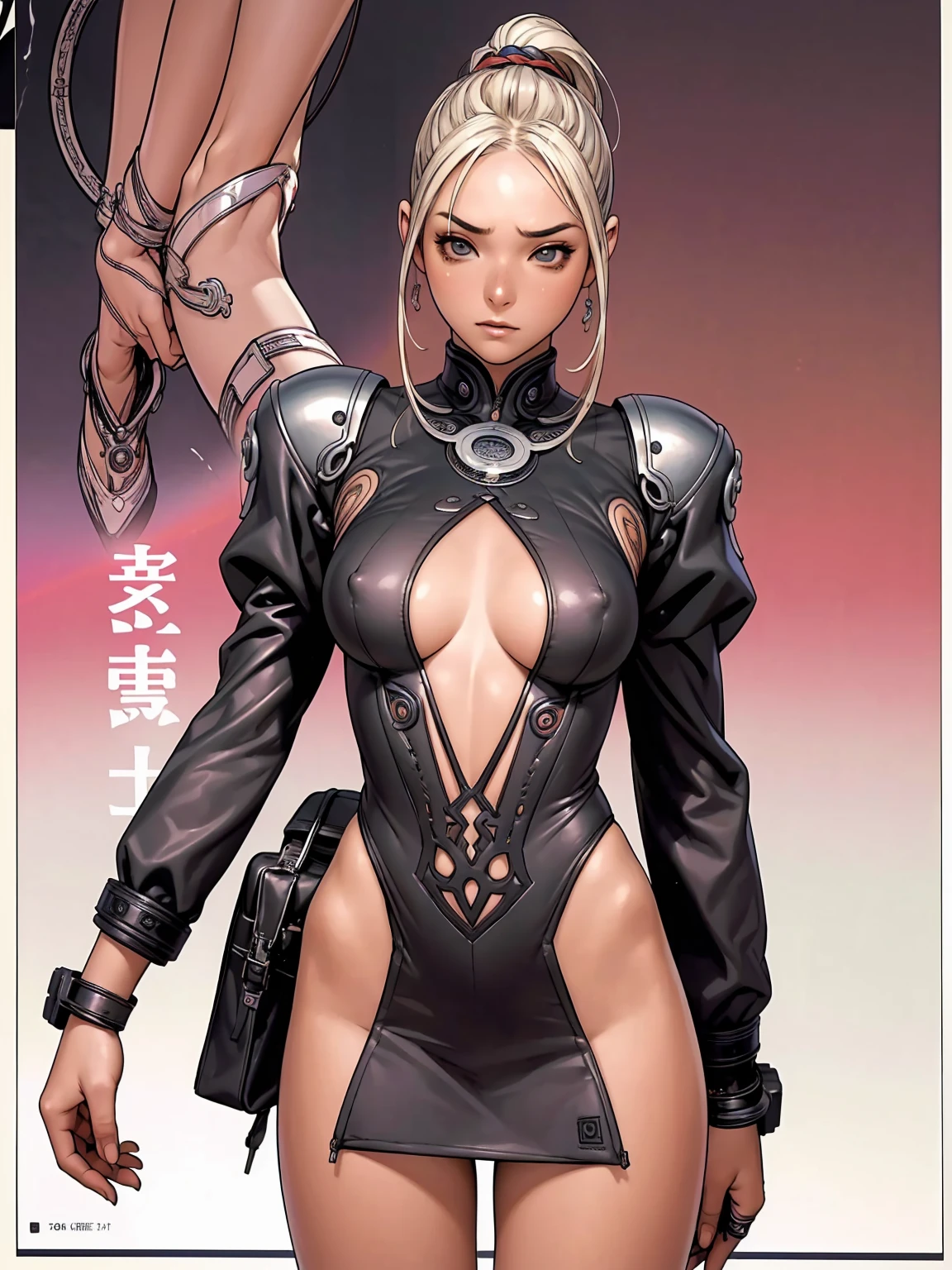 (((best final quality))), (((white bob hairstyle))), ssmile(((standing alone:1.2))),(((1 girl:1.2))),((((beautiful perfect woman)))),(((perfectbody detalhado, perfect finger detailed))),((((((final film poster)))))),(((to burst, close up))),((((detailed complicated machine)))),(((((mechanical genius))))),(((American comics))),(((extreme highlights))),(((extremely colorful, primary colours))),neckleace, super beautiful lady,(((Typography))),text, (Unbeatable masterpiece), (hiper HD),(CG 8k hyper-realistic), (((brave face))), (((breasts big))), (((hyper feminine))), (((musclegirl))), sexly girl, king of fighter,(straight hair with thin braids)), ((( sculptural body ))), (((1 girl))), garota de 25 anos com perfectbody,,Beautiful and well-groomed face,muscular body:1.2,solid color detailed jacket, (Head to thigh photos), Complex equipment, (((standing alone))), pirralha violent, ((())), sexly, pose de atitude, work of art, post-apocalypse, (((manga style))), bounty hunter, violent, Manic, the way you want, slenderbody, thin but strong, perfectbody, roupa moderna, advanced technology, neon, sleeves with vertical striped pattern, intricate background, (( cowboy shot )). intricate visual