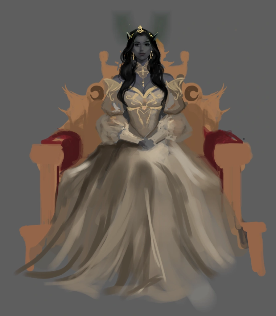 there is a woman sitting on a chair with a dress on, a horn on her head, sitting in a gilded throne, ((a beautiful fantasy empress)), princess portrait, on her throne, sitting on her throne, dark skin female goddess of love, portrait of an elf queen, a beautiful fantasy empress, seated in royal ease, portrait of queen of dreams, inspired by reyna rochin