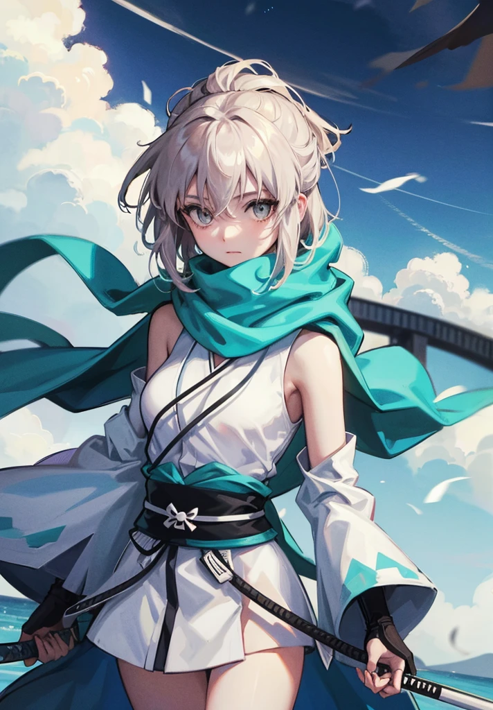 Best Quality, 1 girl, alone, okita_souji, white kimono, scarf, cowboy photography, outdoor, bare shoulders, bare shoulders, sleeveless, looking at the viewer, 
