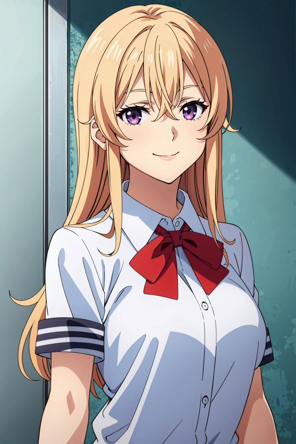  tall body, tall, long legs, mature female, mature, adult, Erina_Prodigy, 1girl, solo, purple eyes, long hair, smile, looking at viewer, , blonde hair, bow, shirt, upper body, white shirt, striped, striped bow, bowtie, breasts, hair between eyes, short sleeves, closed mouth, large breasts, collared shirt, bangs, red bow, striped bowtie