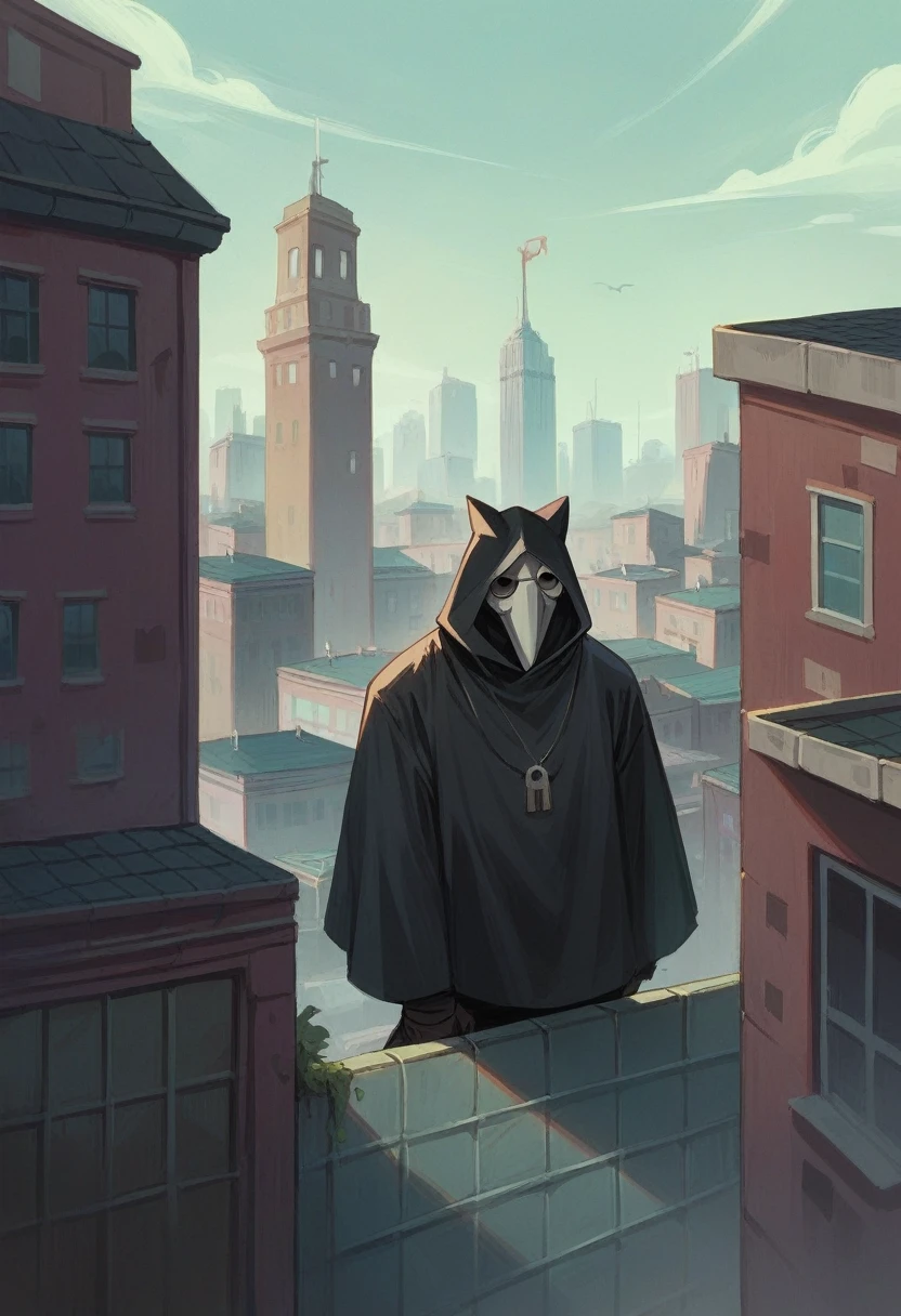 A man dressed as a bubonic plague doctor on the roof of a building watching the skyline of a city where it was raining