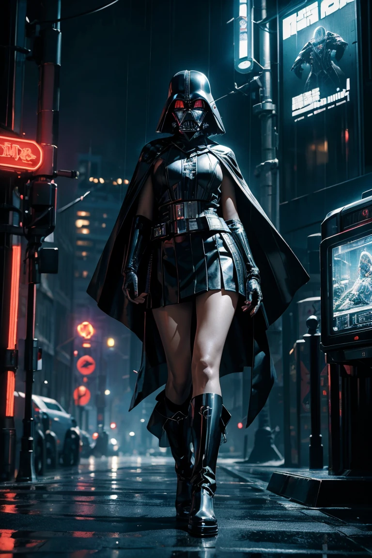 Sexy Darth Vader Woman with Helmet, face mask, armor ,Long leather boots and skirt, Cape Largo in a cyberpunk cityscape illuminated with neon lights, under pouring rain, in the style of H.r. Giger, Rendered in oil on canvas, with an abstract touch, with a vibrating, Dynamic lighting scheme, using 3D computer graphics, in 8K ultra high definition resolution, exuding a mystery, futuristic atmosphere, (((mini skirt))), (((marked legs)))