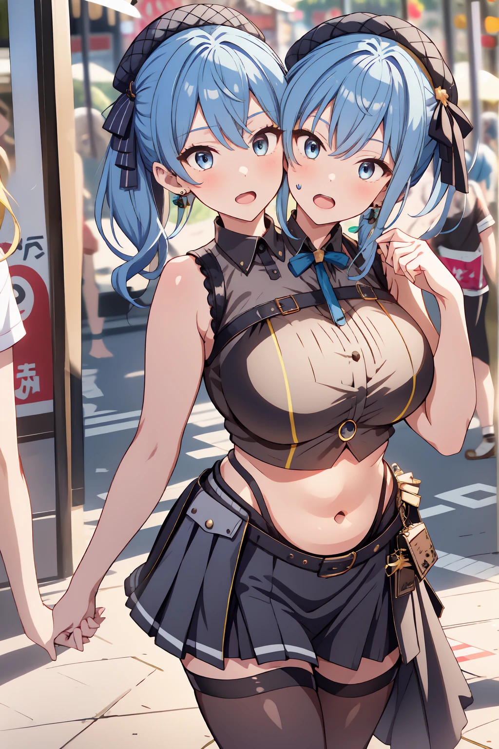 (masterpiece, best quality), best resolution, 16k, (2heads:1.5), close-up, 1girl, solo, HoshimachiSuisei, side ponytail, blue hair ribbon, SuiseiStreet, long hair, half updo, black beret, black skirt, black crop top, sleeveless, bow earrings, lace choker, neck ribbon, black belt, orange pantyhose, o-ring thigh strap, single garter strap, (cheek-to-cheek), ((hand holding a wallet)), ((eyes up looking sideways:1.3)), surprised, frustrating, walking, open mouth, city, Shopping Street, street vendor, morning, open breasts, big tits, open belly, 