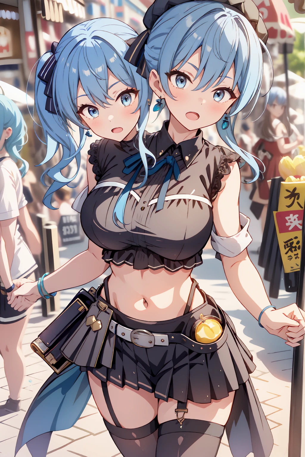 (masterpiece, best quality), best resolution, 16k, (2heads:1.5), close-up, 1girl, solo, HoshimachiSuisei, side ponytail, blue hair ribbon, SuiseiStreet, long hair, half updo, black beret, black miniskirt, black crop top, sleeveless, bow earrings, black belt, yellow pantyhose, o-ring thigh strap, single garter strap, (cheek-to-cheek), ((hand holding a wallet)), ((eyes up looking sideways:1.3)), surprised, frustrating, walking, open mouth, city, Shopping Street, street vendor, morning, open breasts, big breasts, huge tits, open belly, 