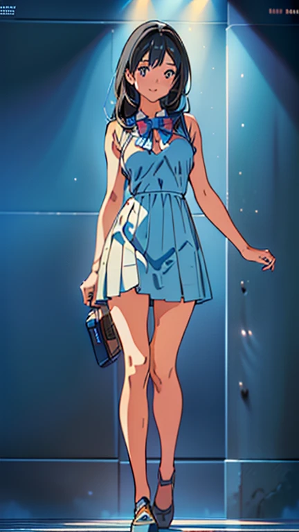 highly detailed, 8K, masterpiece, best quality, pretty ager girl smiling, aquamarie eyes, ((black hair)), long hair, blue daisy dress, thin, ((full body scene)), ((full body)), ((full body angle)), pretty girl, (medium-breasts:1.5), ((mid chest)), standing, highschool scenario, highschool background, school scenario, school background, (Ultra High Resolution: 1.2), (RAW Photo: 1.2)