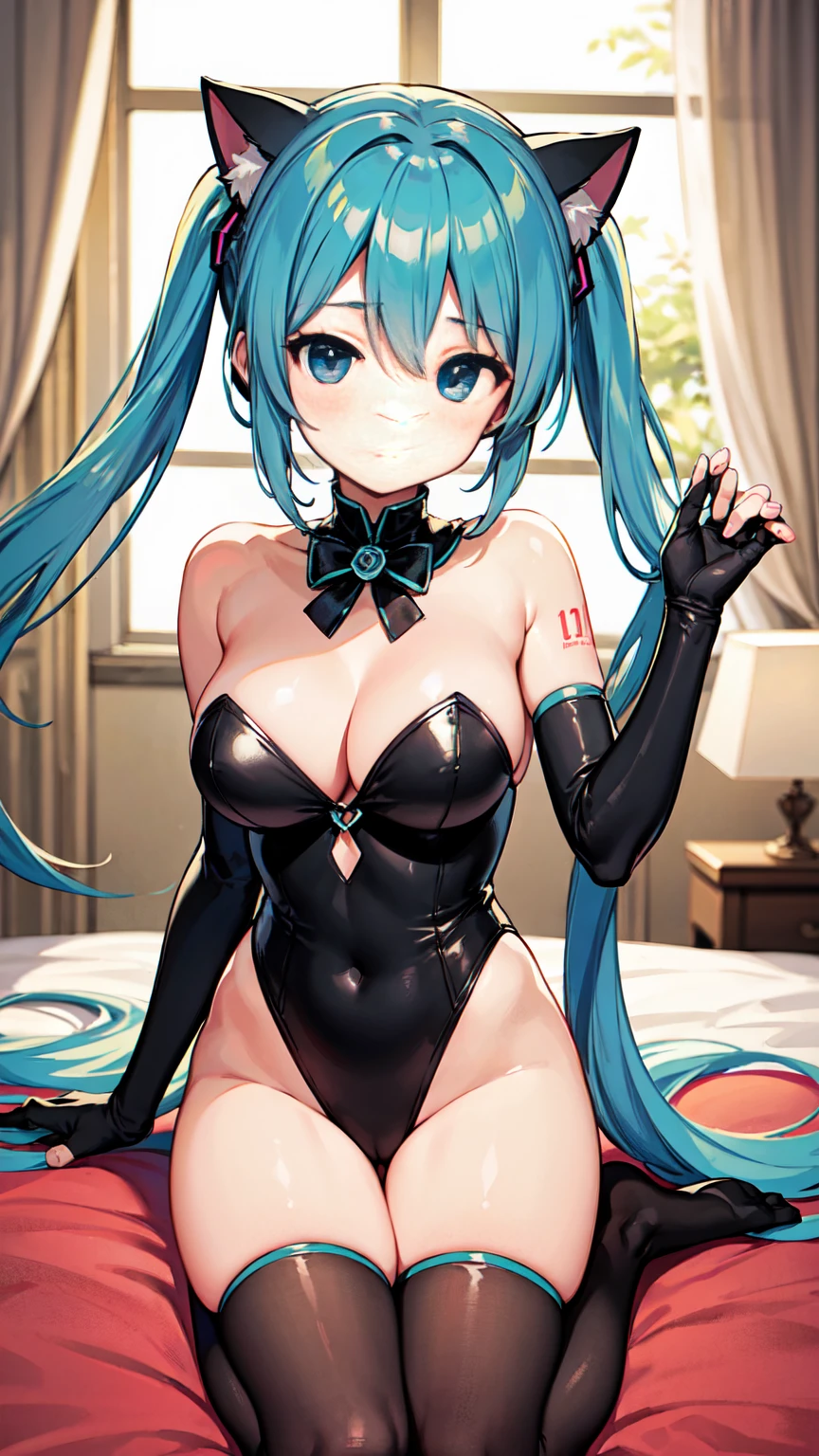 Hatsune Miku VOCALOID、Big Breasts、Sexy Leotard、Cat ear、Long gloves、Black Stockings、Bedroom、blush、Tabletop、Exquisite design、Visual Arts、Concept Artist、Five Fingers, Perfect body, {{{masterpiece}}}, {{{Highest quality}}}, {{Very detailed}}, {shape}, {{Very delicate and beautiful}},Improved cost performance、All Roles、Canon 5D MK4でphotograph、photograph,