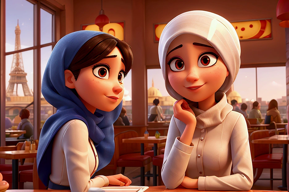 All the decor is modern and beautiful. A beautiful girl with a modern Islamic hijab tied to her neck. A character alone in the kitchen with no one else with her. A cartoon in the Disney Pixar style. She eats a cup of milk tea and two fried eggs in the morning. 