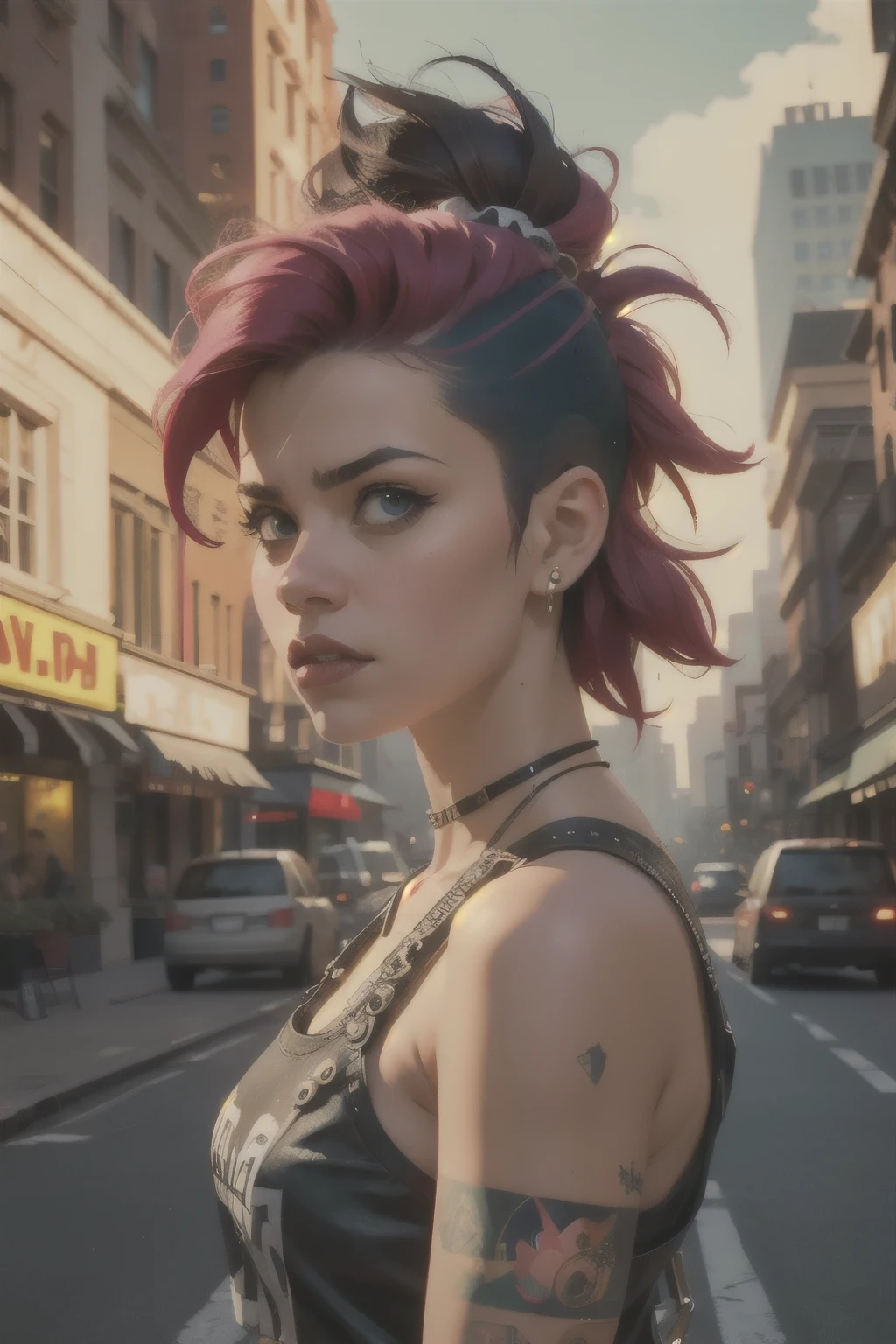 (masterpiece, best quality:1.2), 1girl, solo, cinematic film still create a photo realistic image ,the image should demonstrate extreme creativity,imaginative,bold,inspiring,original in subject,original in style,amazing composition,intricately detailed,absurdly complex,"Punk Girl", Mohican hair, punk hair . shallow depth of field, vignette, highly detailed, high budget, bokeh, cinemascope, moody, epic, gorgeous, film grain, grainy