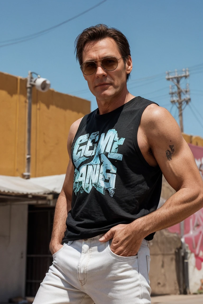 Create an image of Jim Carrey portraying the character CJ from GTA San Andreas. Jim Carrey should be dressed in CJ's iconic outfit, which includes a white tank top, blue jeans, and sneakers. The setting should reflect the urban environment of GTA San Andreas, with graffiti-covered walls, streets, and buildings typical of the game. Jim Carrey's facial expression should be a mix of his signature comedic style and CJ's confident, tough demeanor, capturing the essence of both the actor and the character in the game.