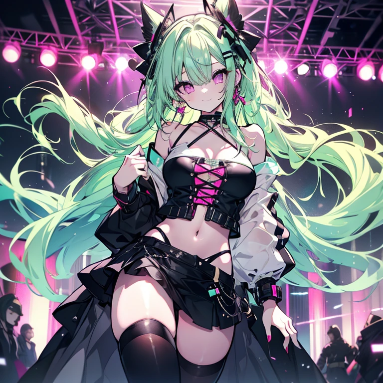 1 girl、mature、Ample breasts、Long Hair、Mint green hair、Pink Eyes、Punk Costume、Idol、Shoulder Bare、Tube top、Belly button、choker、Ripped black knee-highs、Night view、live、stage、Hold the microphone、smile、Bust-up perspective、High resolution、Highest quality