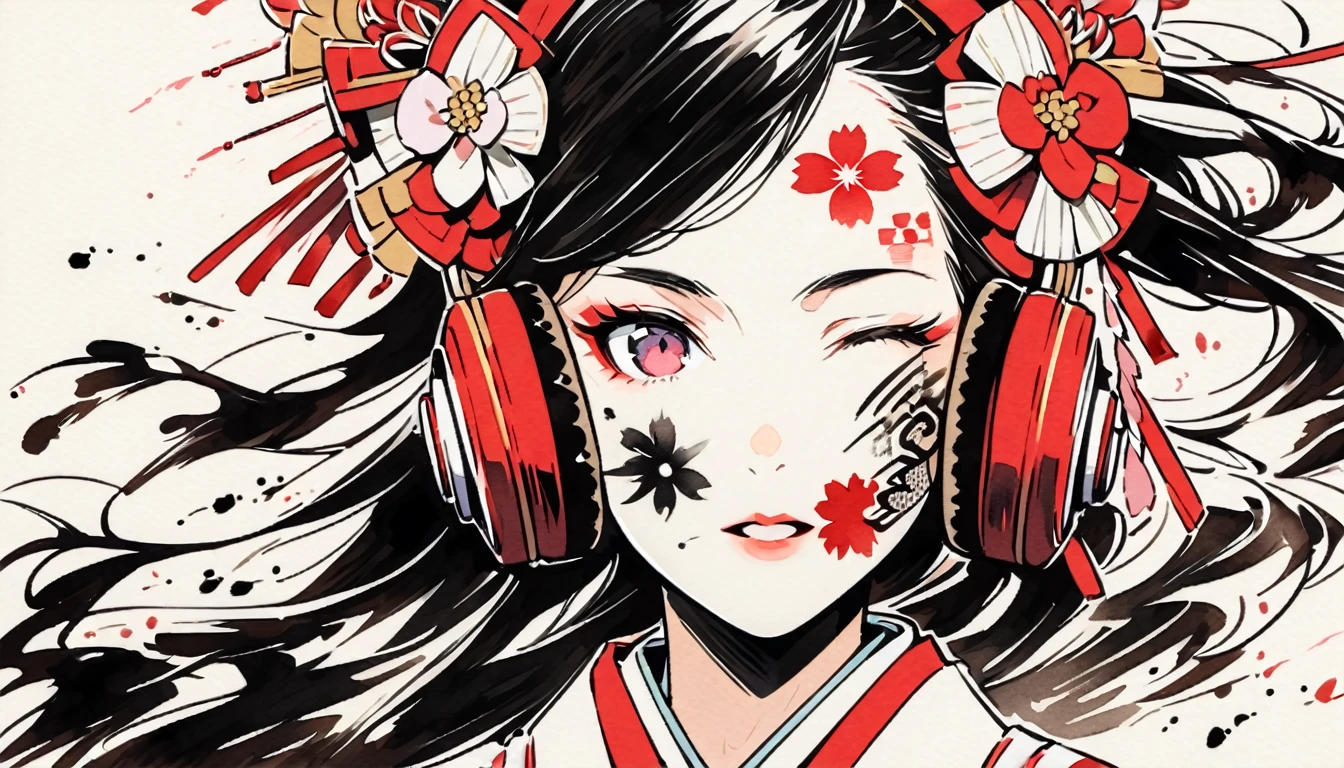 (((Ink Painting))), ((Japanese style headphones)), (((Japanese pattern tattoo on face))), face close up, Gorgeous hair accessories, Japan人の女, Fluttering Hair, Japan, Japanese flag, green