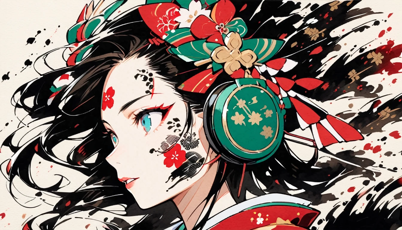(((Ink Painting))), ((Japanese style headphones)), (((Japanese pattern tattoo on face))), face close up, Gorgeous hair accessories, Japan人の女, Fluttering Hair, Japan, Japanese flag, Multicolor