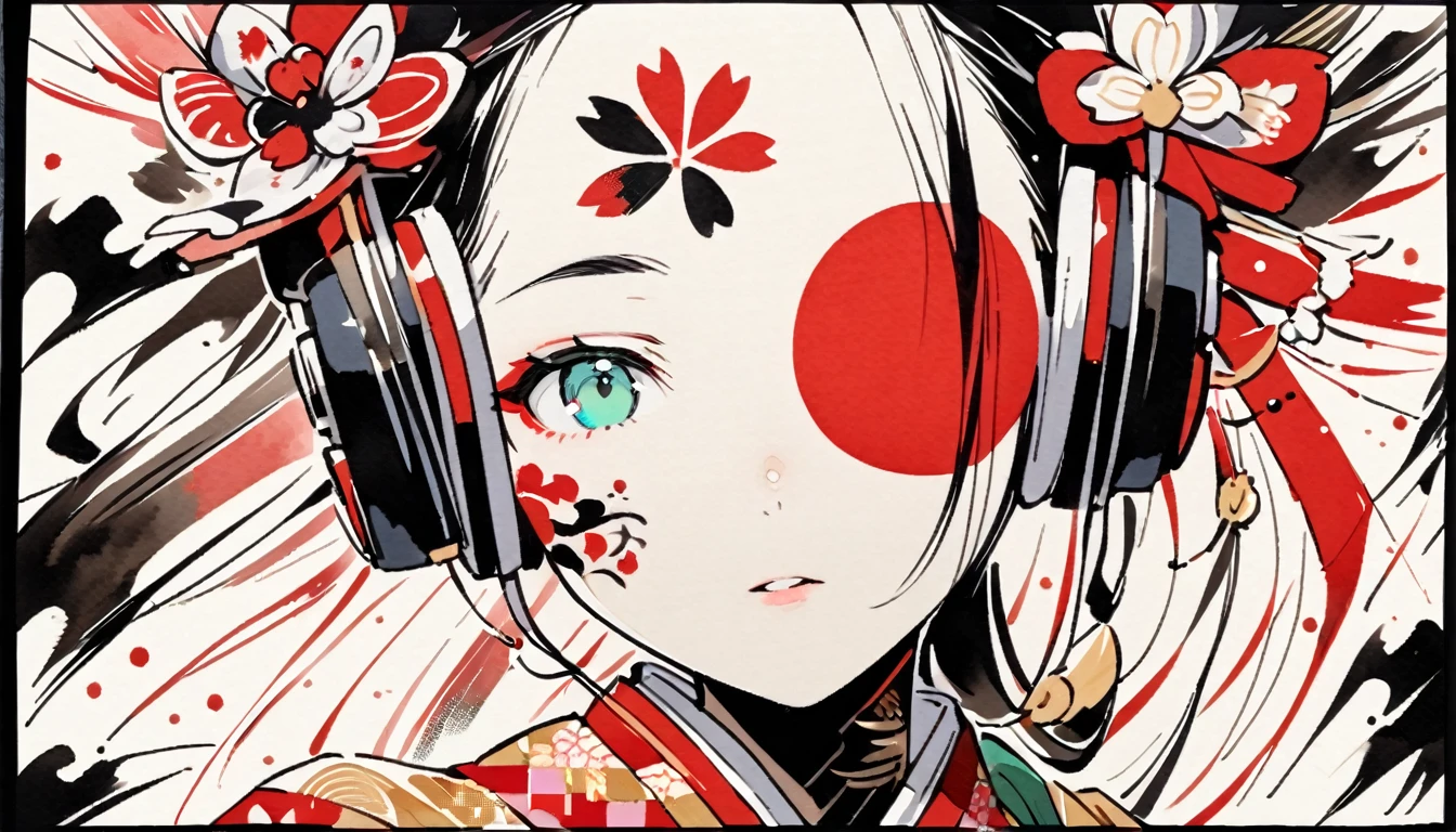(((Ink Painting))), ((Japanese style headphones)), (((Japanese pattern tattoo on face))), face close up, Gorgeous hair accessories, Japan人の女, Fluttering Hair, Japan, Japanese flag, green
