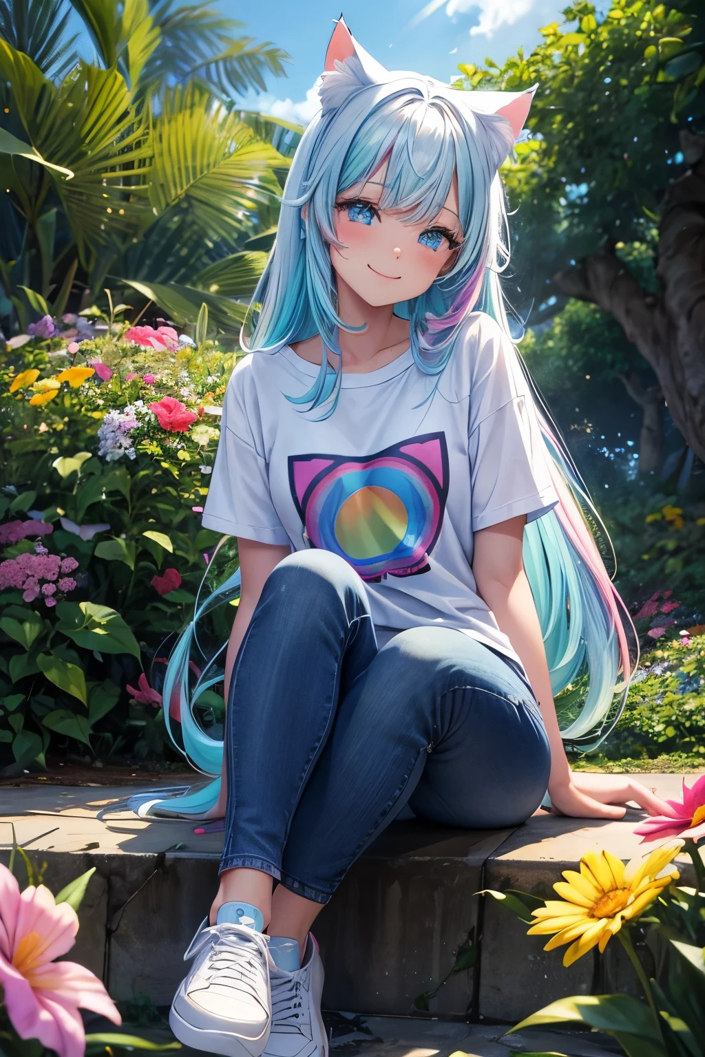 High resolution, perfect human anatomy, cat ears, front view, glossy hair, rainbow hair, near future, pastel colors, forest, ocean, flowers, gradient eyes, flowing bangs, front angle, t-shirt, jeans, ocean, sneakers, smile,