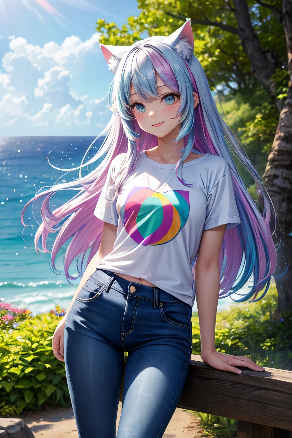 High resolution, perfect human anatomy, cat ears, front view, glossy hair, rainbow hair, near future, pastel colors, forest, ocean, flowers, gradient eyes, flowing bangs, front angle, t-shirt, jeans, ocean, sneakers, smile,