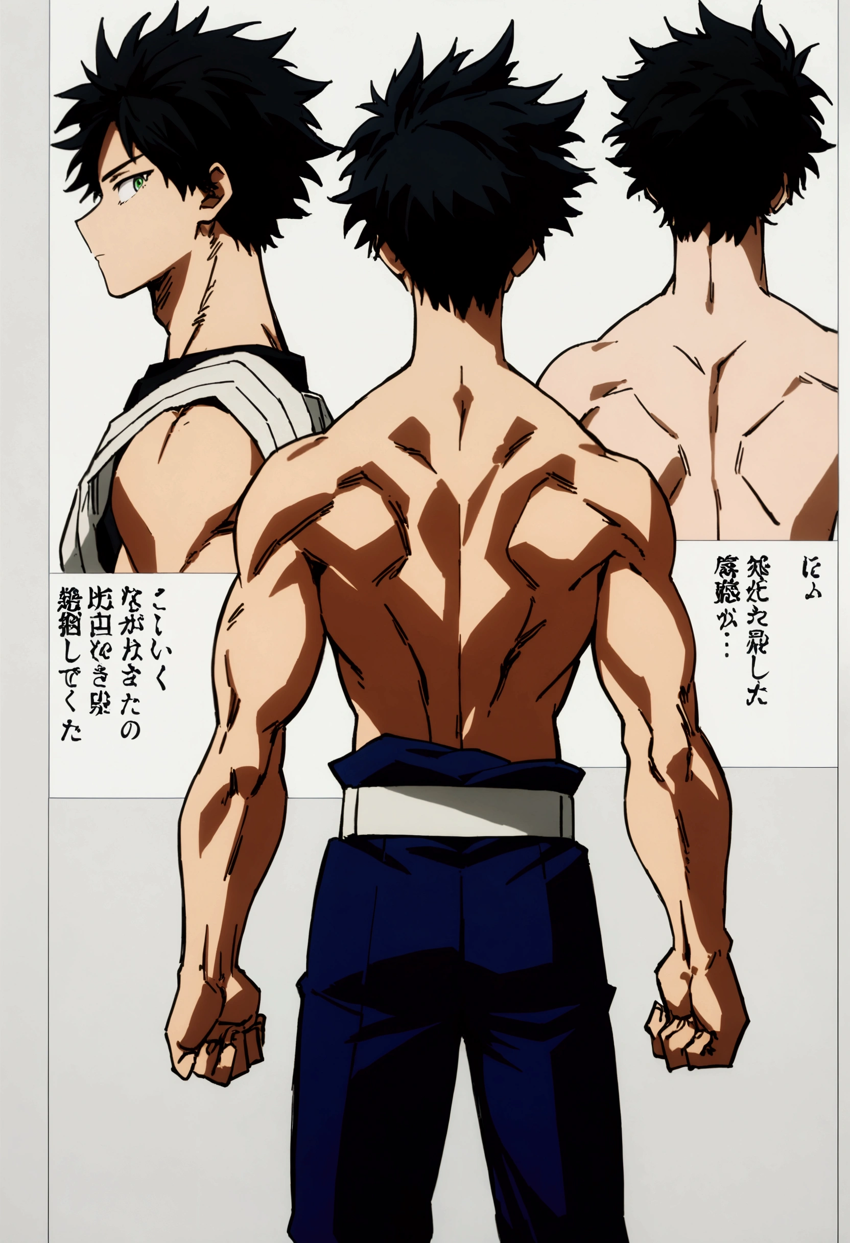 Caracter sheet, he is a 17 year old ager, He has slightly disheveled very black hair..., somewhat light green eyes, muscular body , He is dressed the anime uniform "my hero academia", back view of the body, detailed back, many parts, depth