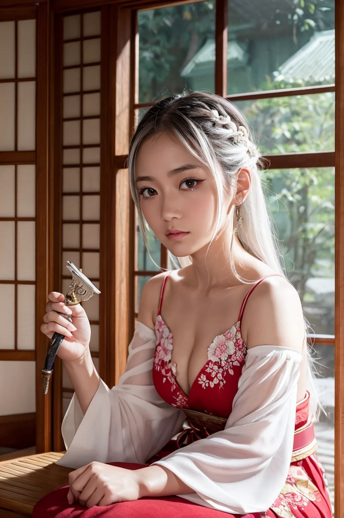This image contains、A beautiful Japanese girl is depicted。The background is a traditional Japanese room.、Natural light pours in through the lattice windows。The beautiful girl has white hair、The red eyeshadow is distinctive.。Wearing a thin red and white floral top、Sexy design with exposed shoulders。I'm wearing denim pants、A mix of modern casual and traditional elements。
She holds the sword、Staring at the camera with a serious expression。The sword has intricate patterns engraved on it.、The images are detailed and realistic.。The pose is sitting、It has a unique charm that combines strength and softness.。
As a photographic technique、Drawn with ultra-realistic, photo-realistic texture、The transparency of the skin and the texture of the clothes、The background is carefully detailed。The vertical screen composition enhances the character's presence even more.。The use of light and shadow is skillful、Overall, it's a work that exudes a very high level of realism.。