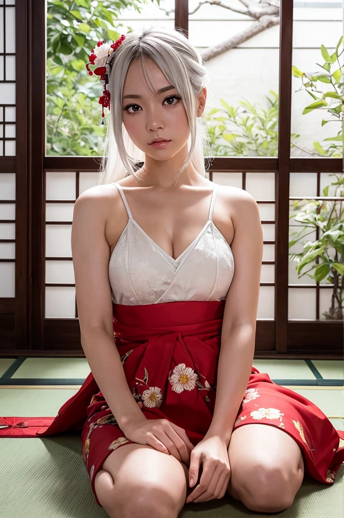 Cute a sexy milf, has very long white hair, breasts, showing cleavage, has fox ears, wearing sakura kimono,  surrounded by candles, mystical, showing legs realistic