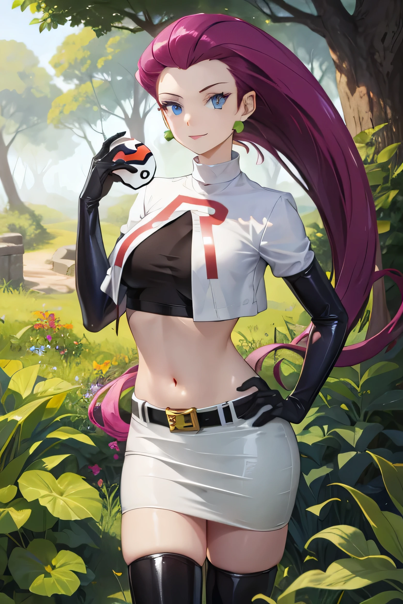 Jessie Pokemon, alone, Team Rocket, gloves, I slicked my hair back., Long Hair, jewelry, skirt, belly button, Knee socks, Earrings, elbow gloves, Team Rocket uniform, Crop top, blue eyes, abdomen, belt, black gloves, very Long Hair, smile, black Knee socks, Purple Hair, View your viewers, chest, white skirt, miniskirt, Shiny Hair, Glowing Skin, sexy, big chest, forest 