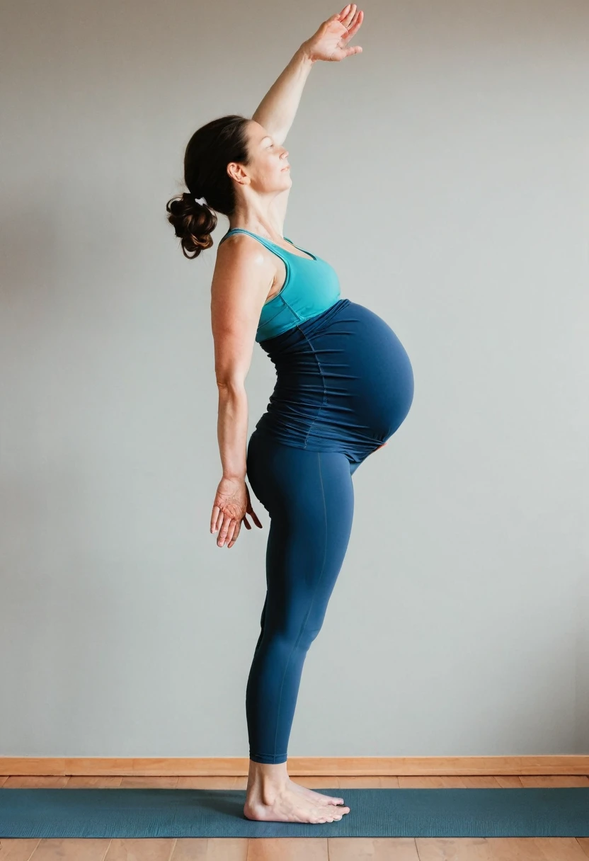I need a series of 5 images that explain step by step how to perform the mountain pose (Tadasana) in prenatal yoga. Each image must be clear and precise, showing a pregnant woman at each stage of the process. The style should be relaxing and professional, with soft colors and a minimalist yoga studio background.
First step: Show a pregnant woman standing with her feet together or slightly apart, in a minimalist yoga studio background. Make sure her weight is evenly distributed on both feet.
Warning only create the first step image