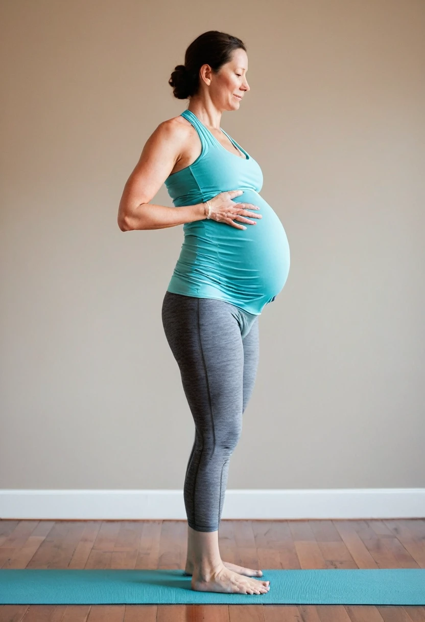 I need a series of 5 images that explain step by step how to perform the mountain pose (Tadasana) in prenatal yoga. Each image must be clear and precise, showing a pregnant woman at each stage of the process. The style should be relaxing and professional, with soft colors and a minimalist yoga studio background.
First step: Show a pregnant woman standing with her feet together or slightly apart, in a minimalist yoga studio background. Make sure her weight is evenly distributed on both feet.
Warning only create the first step image