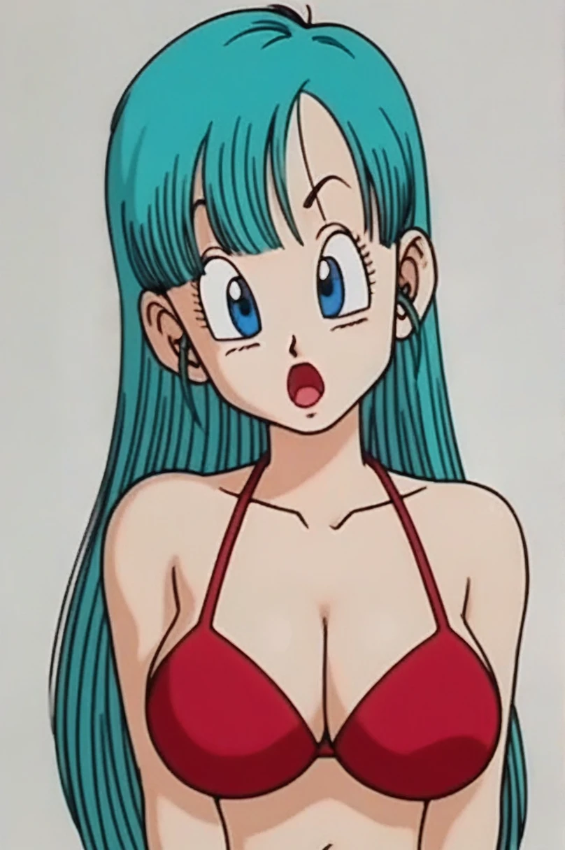 lunch (Dragon Ball) Blue hair, very shy, arms under her breasts, blushing, naked