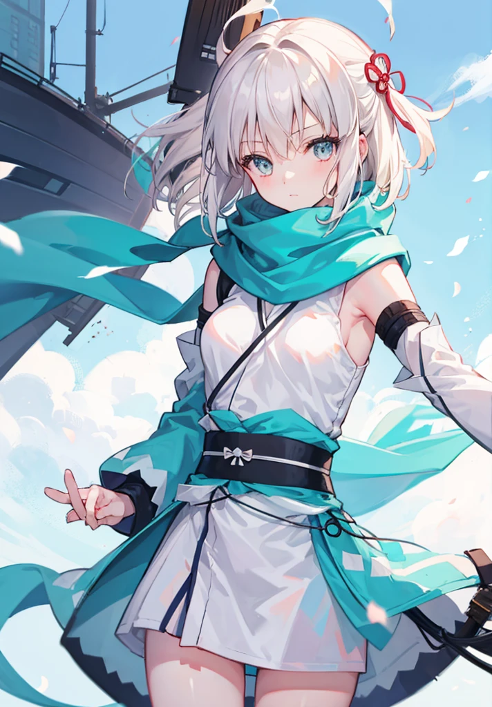 Best Quality, 1 girl, alone, okita_souji, white kimono, scarf, cowboy photography, outdoor, bare shoulders, bare shoulders, sleeveless, looking at the viewer, 