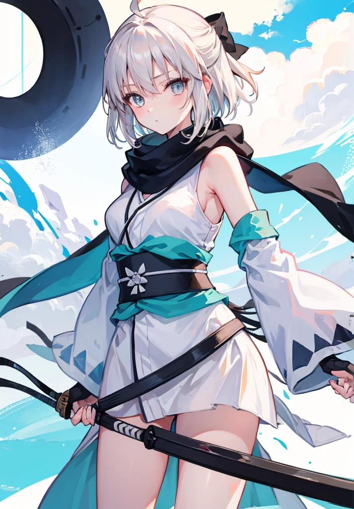 Best Quality, 1 girl, alone, okita_souji, white kimono, scarf, cowboy photography, outdoor, bare shoulders, bare shoulders, sleeveless, looking at the viewer,