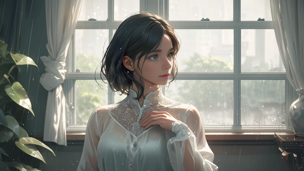 {best quality}, {very aesthetic}, {ultra-detailed}, {8k}, {Super elaborate face}, {Super-smart body}, Wet day, (A woman looking out the window indoors,), An ennui atmosphere, Super fine hair, flat chest, 1girl, Rain outside the window,