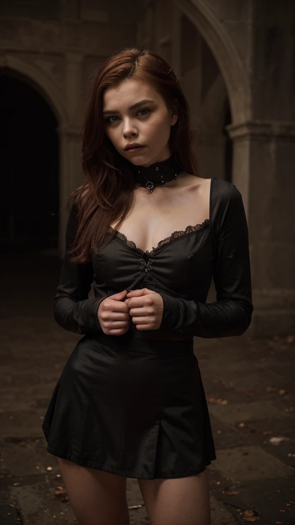  young sexy girl, red mushroom-shaped hair in gothic style, similar to Chloë Grace Moretz, two-piece goth dress, mini skirt, high quality, perfect hands, super detailed full body shot, detailed facial features, dark moody atmosphere, Renaissance painting style, dramatic lighting, cinematic, muted color palette, chiaroscuro