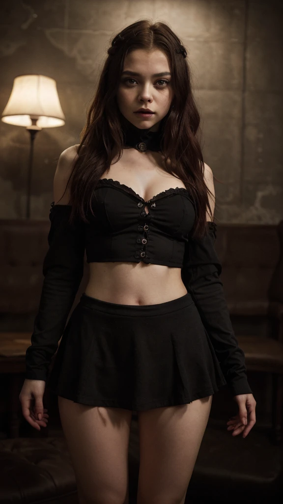  young sexy girl, red mushroom-shaped hair in gothic style, similar to Chloë Grace Moretz, two-piece goth dress, mini skirt, high quality, perfect hands, super detailed full body shot, detailed facial features, dark moody atmosphere, Renaissance painting style, dramatic lighting, cinematic, muted color palette, chiaroscuro