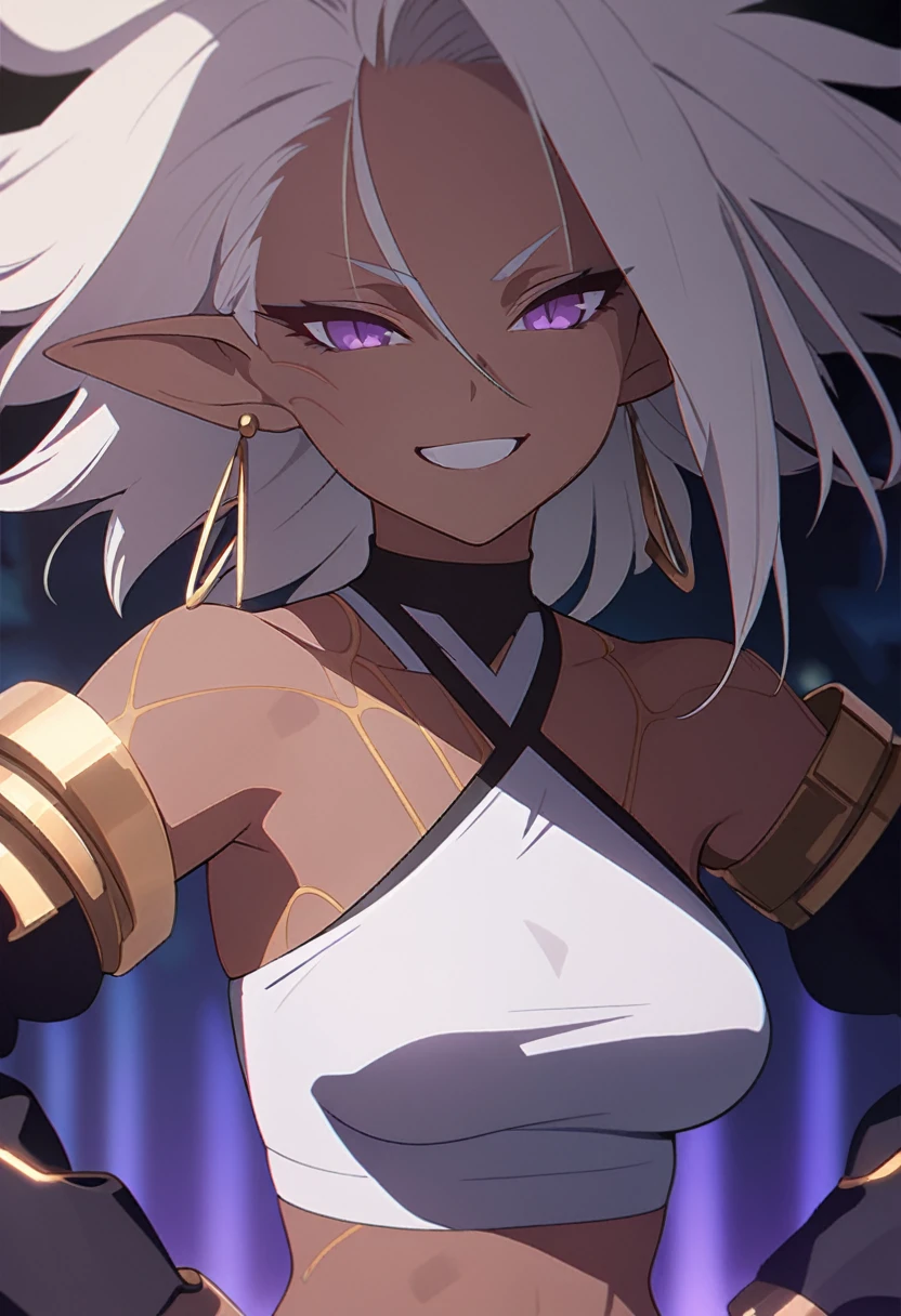 A dark-skinned tomboyish young woman, short puffy Android 21 silver hair, violet eyes, long pointy ears, black scales on skin, gold jewelry, calm and cool attitude, small grin, white cropped halter top, dark jeans, hands on hips, detailed facial features, extremely detailed portrait, (best quality,4k,8k,highres,masterpiece:1.2),ultra-detailed, dramatic lighting, vibrant colors, fantasy character