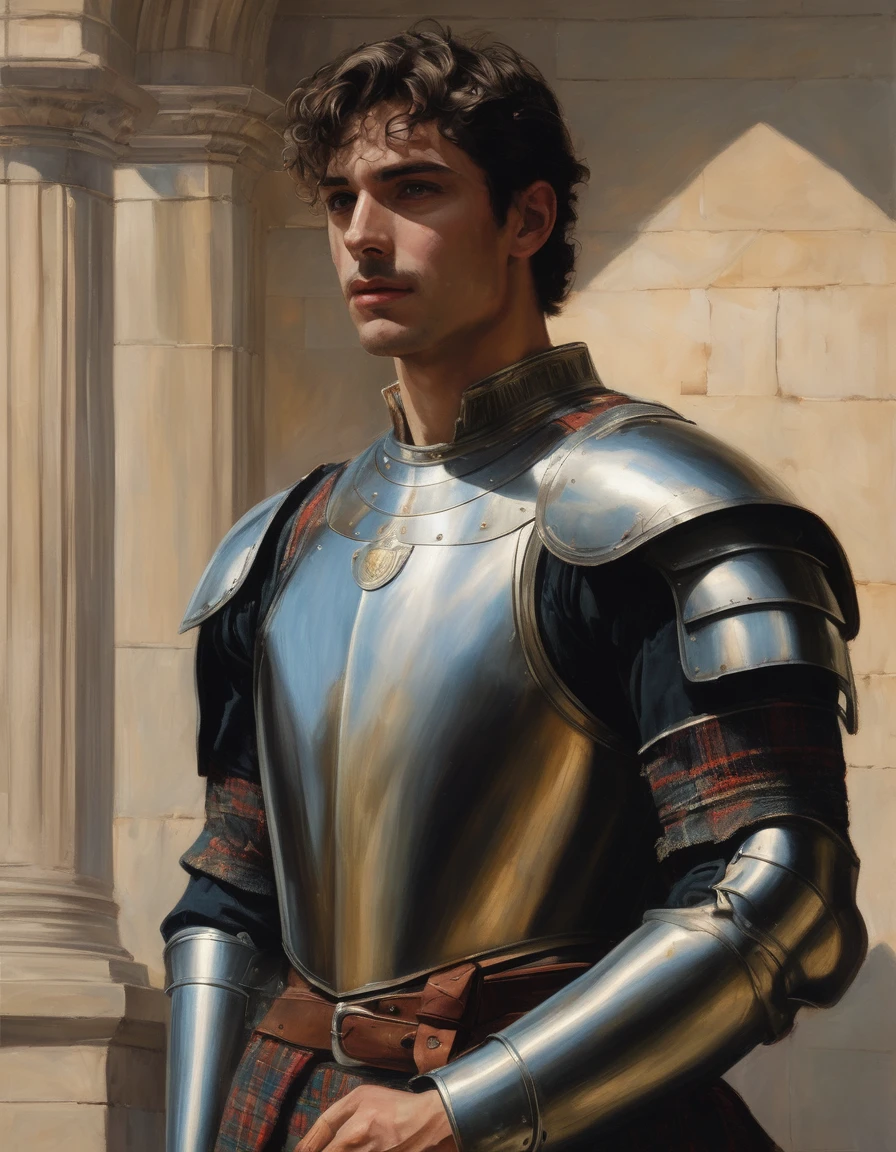 A masterpiece of realistic painting, reminiscent of Waterhouse's and Leyendecker's finest works. A half-body portrait of a young, frustrated knight, his lustful gaze cast against a column as he leans with sensual abandon. His hands cradle his crotch, showcasing his masculine power. Tired, pensive eyes betray the exhaustion of a layabout lifestyle, while disheveled locks frame his rugged features. Muscular physique is clad in plate armor adorned with tartan elements, exuding manly charm. A luxuriant moustache adds to his dashing demeanor against a Celtic-inspired background.