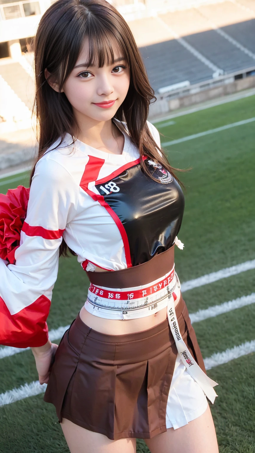 ((very tight Cheerleaders using red, white, and dark blue. A top with triangular patterns on both the front and back, and a red long-sleeved inner. Pleated skirt with 5 tape lines at the hem:1.2), (latex:1.2), sun, (toyota stadium:1.4), (from above:1.5), (blush, smile/blush;1.2), (light smile:1.5), (dynamic pose:1.3), (cowboy shot:1.3), sun, 1 girl,  (18 years old:1.5), (large breasts:1), (narrow waist:1.8), (brown medium long hair:1.3), (high ponytail:0), (bangs:1.2), (skinny:1.5), (8k, RAW photo:1.2),detailed face and eyes,best quality,highly detailed ,intricate detail ,masterpiece ,cute girl ,intricate detail, hyperdetail,sharp focus