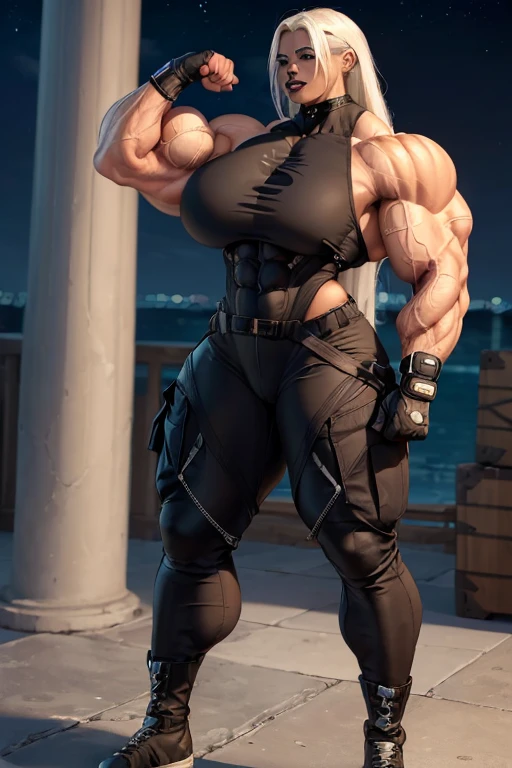 (((((Massive tall, beautiful, buff, light brown skinned muscular woman with white hair, black lipstick, ginormous bulky muscles, wearing a Stealth bodysuit and cargo pants))))), close view, ((massive muscles)), massive biceps, hyper muscle shoulders, ginormous muscle arms, hyper muscle triceps, (straight long hair), blue eyes, choker, (stealth belt), black boots, (fingerless gloves), (standing in a windy city), sensual smile, night, hyper vascular arm, hyper muscles arms, hyper muscle legs, (ginormous arms).
