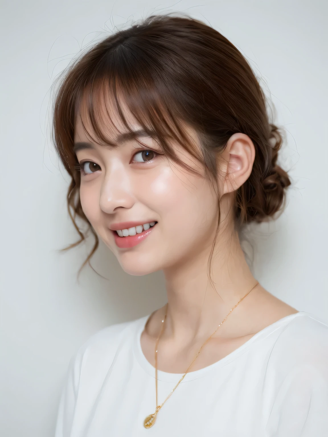 (8k、RAW Photos、Highest quality、masterpiece:1.2)、High-quality RAW color photos、Professional photos、(Realistic、photo Realistic:1.37)、Cinematic Light、1 girl、Laughter、White wall、In front of a white door、(A room with a white wall and a window)、Various poses、Winter clothes、Simple Necklace、(Beautiful profile:1.3)、Don't look at the camera、profile、Bob、Bob Hair、Bob cuts、((Navy hair color))、Long Bob、profile、Regular and detailed eyes、Dark brown eyes、Earrings、(Pastel colored clothes)