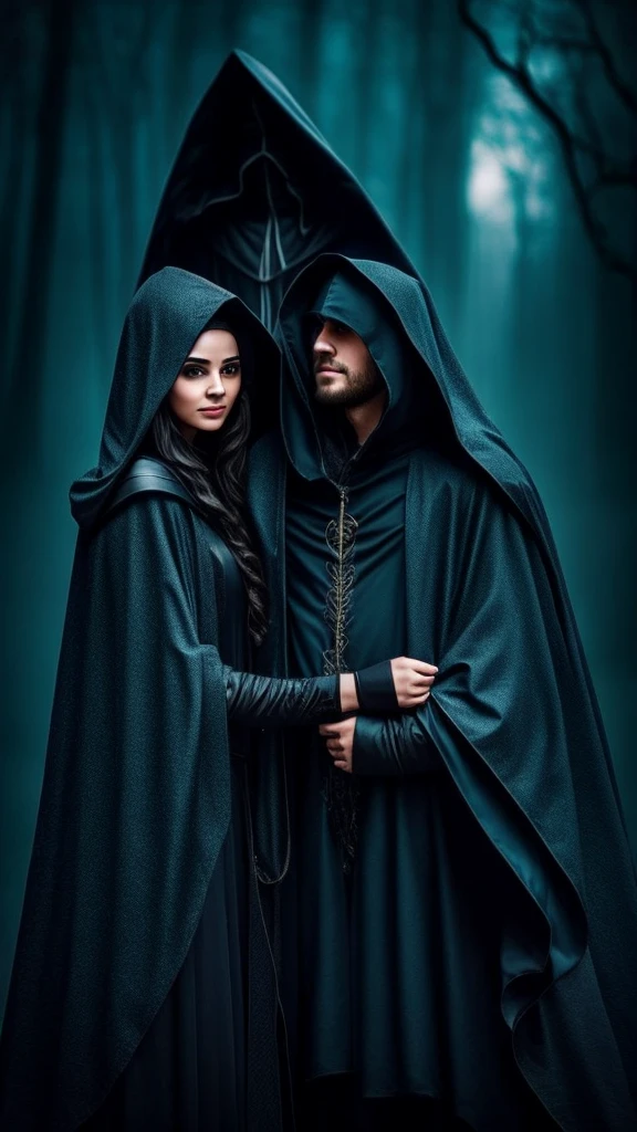 wizard couple. darkness background. hood covering the face. lots of magic around 