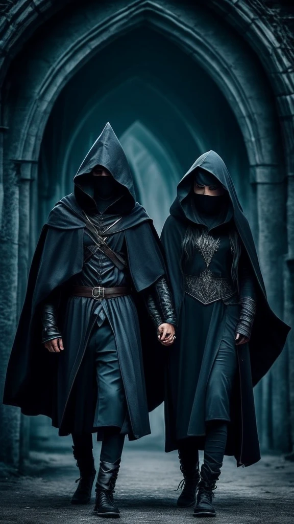 wizard couple. darkness background. hood covering the face. lots of magic around