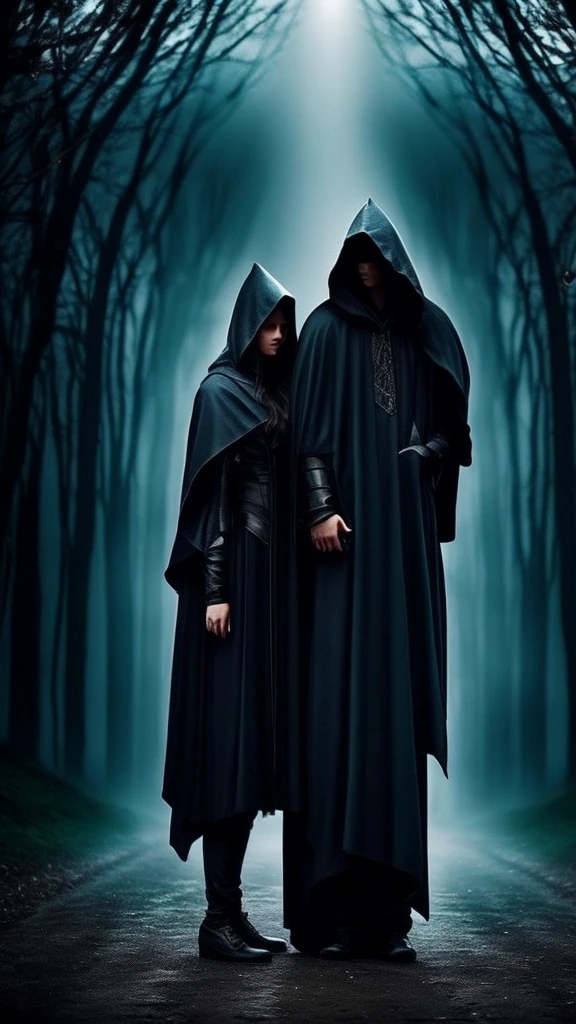 Ultra-realistic man in black clothes and black hooded cape covering his face next to a blue-eyed gray wolf in a forest with a full moon in the sky