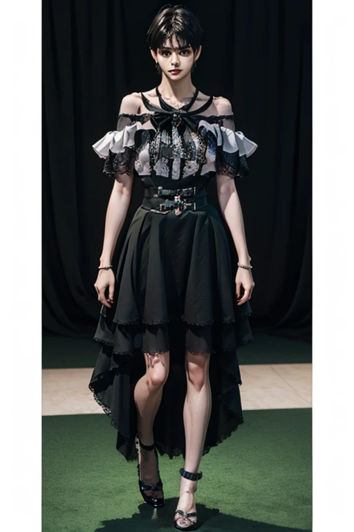 Young man wearing long green dress, full body , off shoulder, thick thighs, wide hips, thin and narrow weist, long legs, very small spikey boyish haircut, hot man,hot male , hot man, hot male , bearded, HD, clear image, clear face