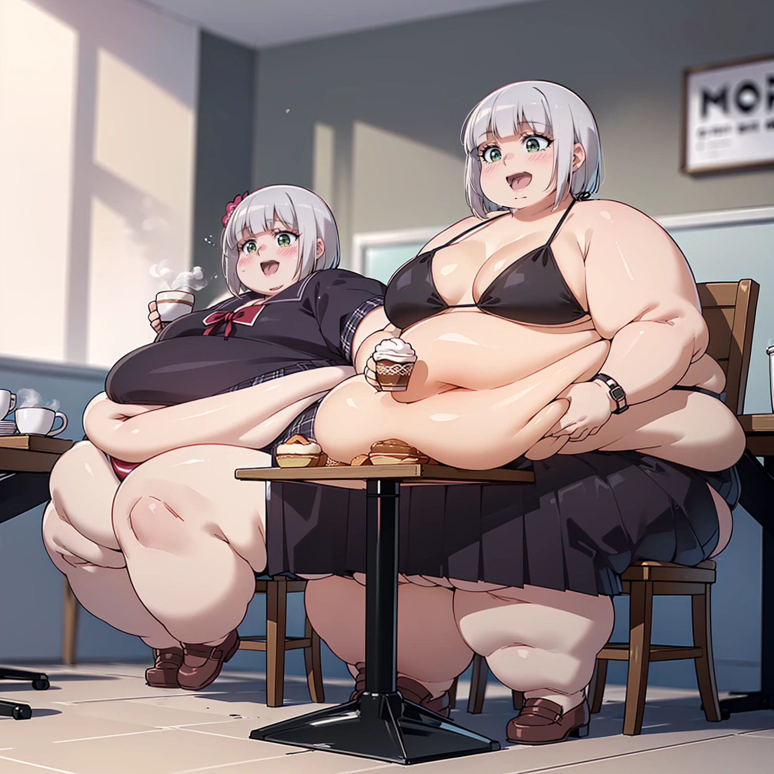 (((baby))), (((little cutie))), (((short stature))), (((bikini, short skirt))), ((white hair with fringe)), ((obese chubby))), ((fat face)), (((big belly))), (((open mouth))), fat and wide thighs, belly, (((tender))), (((sitting in a cafe))), detailed background, ((full body image)),