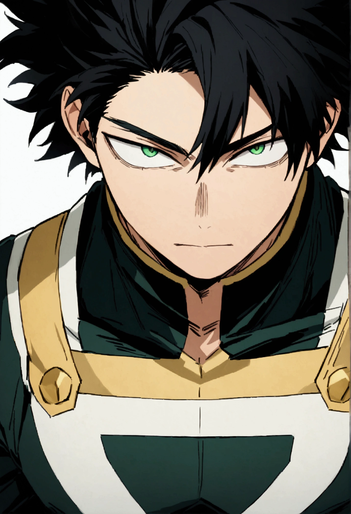  He is a , He has slightly disheveled very black hair..., somewhat light green eyes, , muscular body , sexy face, He is dressed in the anime male uniform "my hero academia", detailed face, bright green eyes 