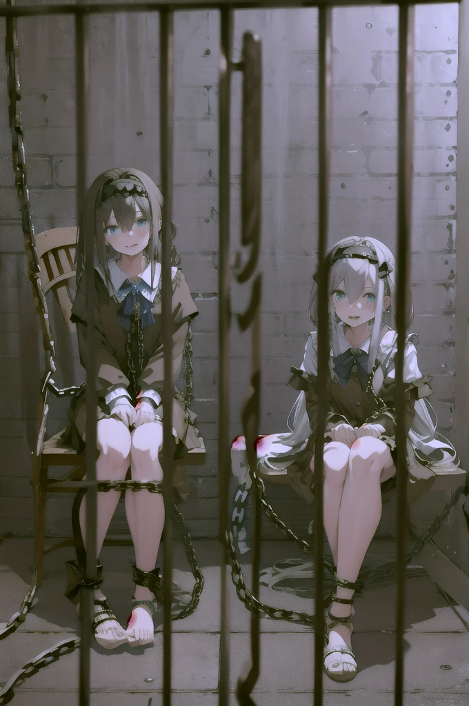 (masterpiece:1.3),(best quality:1.2),8k,absurdres,unity 8k wallpapper,(extremely detailed:1.3),highestres,prison,
1girl, solo, long hair, looking at viewer, smile, open mouth, blue eyes, skirt, simple background, shirt, long sleeves, dress, bow, hair between eyes, sitting, , monochrome, full body, :d, greyscale, sidelocks, hairband, frills, wings, barefoot, teeth, serafuku, indoors, bowtie, sailor collar, grin, collar, feet, chain, chair, short dress, hair intakes, bound, bdsm, frilled dress, frilled skirt, bondage, black background, knees up, restrained, spot color, sailor dress, cuffs, knees together feet apart, bound wrists, tile floor, shackles, straight-on, on chair, bound legs, ankle cuffs, bound ankles,((evil smile)),