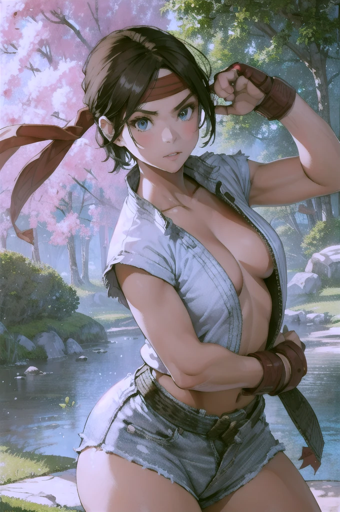 (masterpiece, best quality:1.2), expressive eyes, perfect face, highres, 1girl, solo, ryu \(sf\), (female:1.5), black hair, short hair, dougi, fingerless gloves, headband, fighting pose, portrait, looking at the viewer, cowboy shot