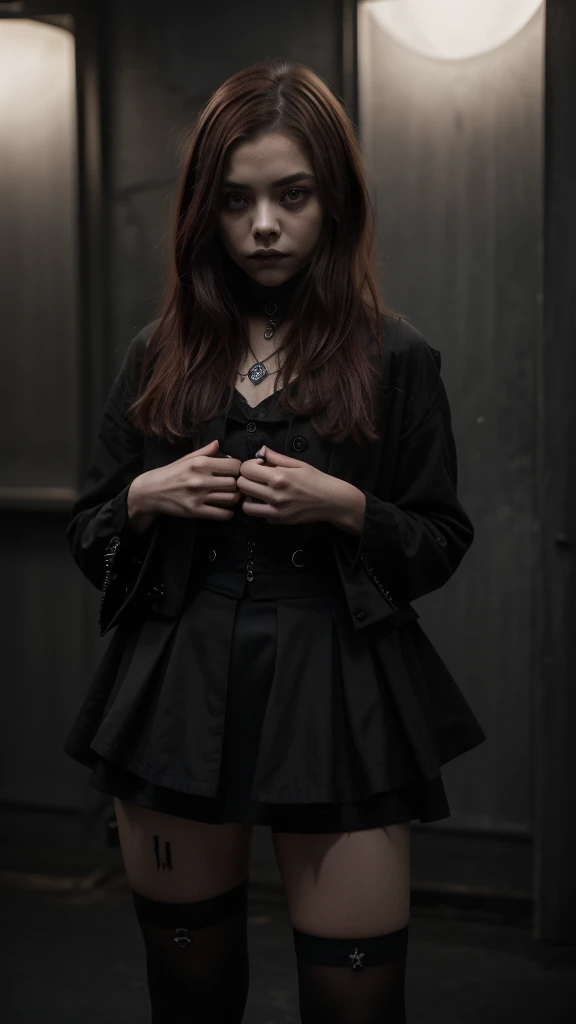 14 year old young sexy girl, red mushroom-shaped hair in gothic style, similar to Chloë Grace Moretz, two-piece goth dress, mini skirt, high quality, perfect hands, super detailed full body shot, detailed facial features, dark moody atmosphere, Renaissance painting style, dramatic lighting, cinematic, muted color palette, chiaroscuro