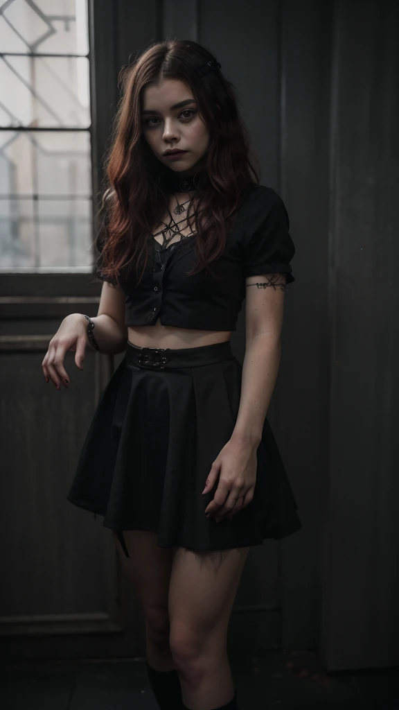 14 year old young sexy girl, red mushroom-shaped hair in gothic style, similar to Chloë Grace Moretz, two-piece goth dress, mini skirt, high quality, perfect hands, super detailed full body shot, detailed facial features, dark moody atmosphere, Renaissance painting style, dramatic lighting, cinematic, muted color palette, chiaroscuro