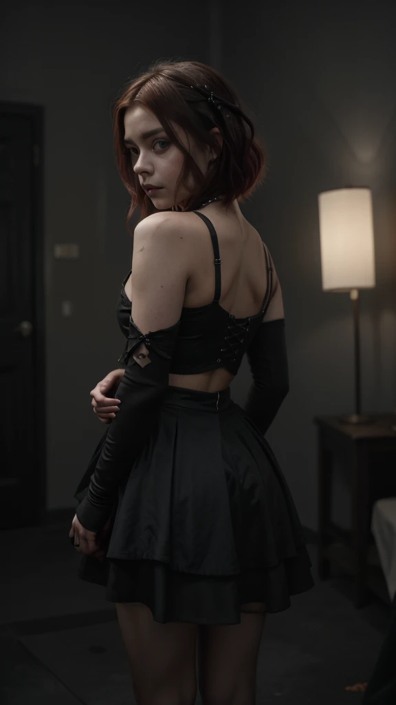 14 year old young sexy girl, red mushroom-shaped hair in gothic style, similar to Chloë Grace Moretz, two-piece goth dress, mini skirt, high quality, perfect hands, super detailed full body shot, detailed facial features, dark moody atmosphere, Renaissance painting style, dramatic lighting, cinematic, muted color palette, chiaroscuro