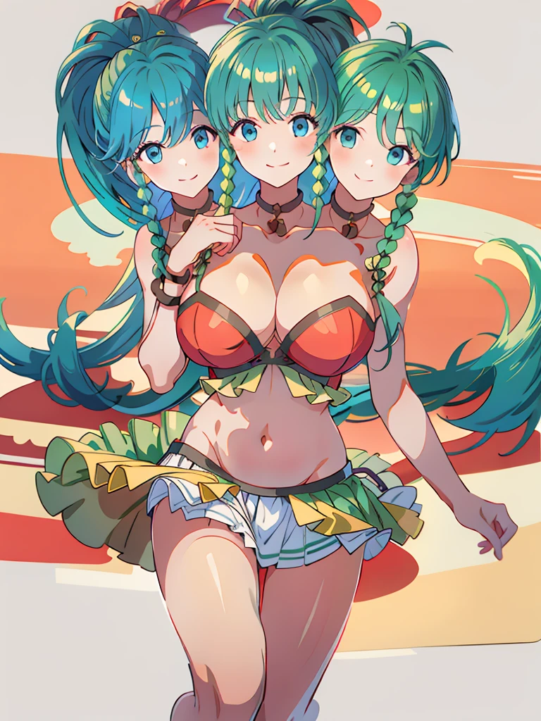 (masterpiece, best quality), best resolution, (3heads:1.5), 1girl, 16k resolution, highres, ultra quality, ultra resolution, ultra detail, FETana, green hair, ponytail, smiling, soft smile, open belly, red crop top, white-red miniskirt, swimsuit attire, open breasts, very huge tits, sexy pose,