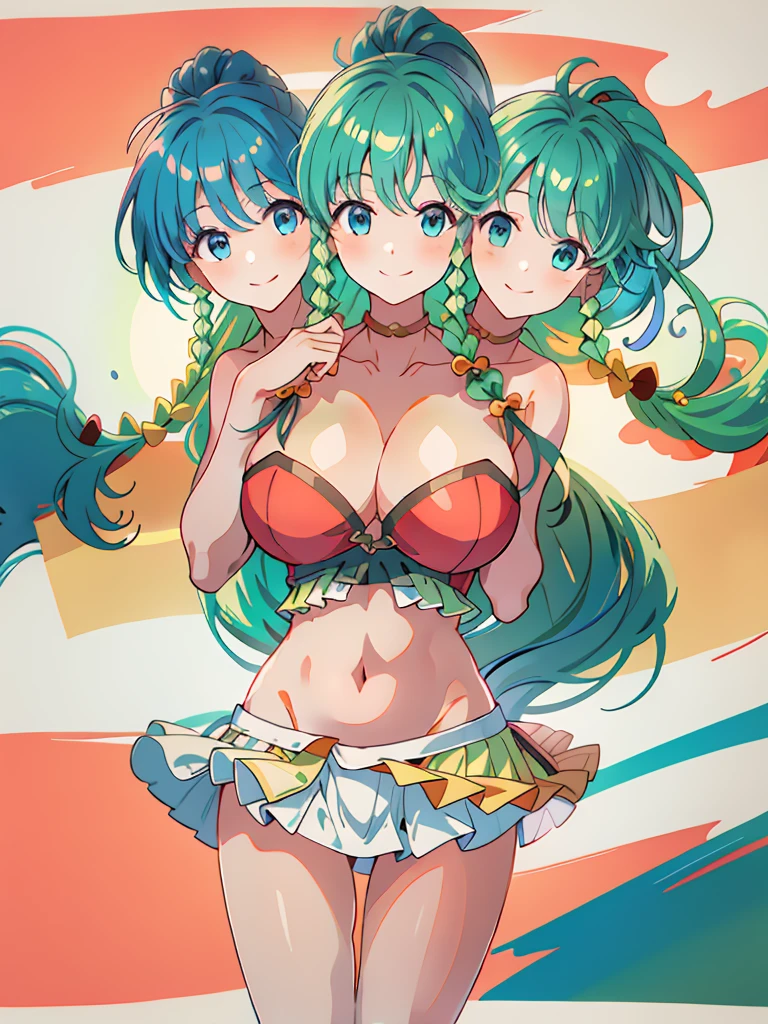 (masterpiece, best quality), best resolution, (3heads:1.5), 1girl, 16k resolution, highres, ultra quality, ultra resolution, ultra detail, FETana, green hair, ponytail, smiling, soft smile, open belly, red crop top, white-red miniskirt, swimsuit attire, open breasts, very huge tits, sexy pose,